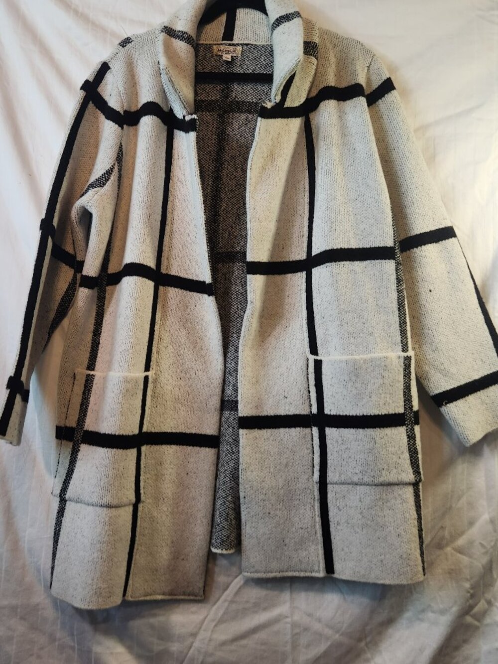 One World Black White Plaid Longline Cardigan Sweater Coat Jacket Size L